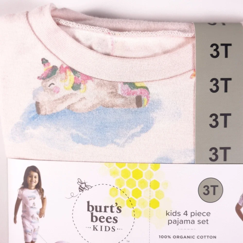 Burts Bees Kids 3T 4-Piece Pajama Set 100% Organic Cotton Pink Tea Party Unicorn